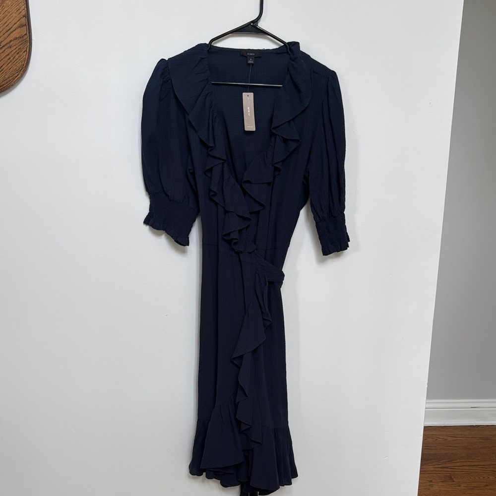 J. Crew Navy Ruffle Wrap Midi Dress